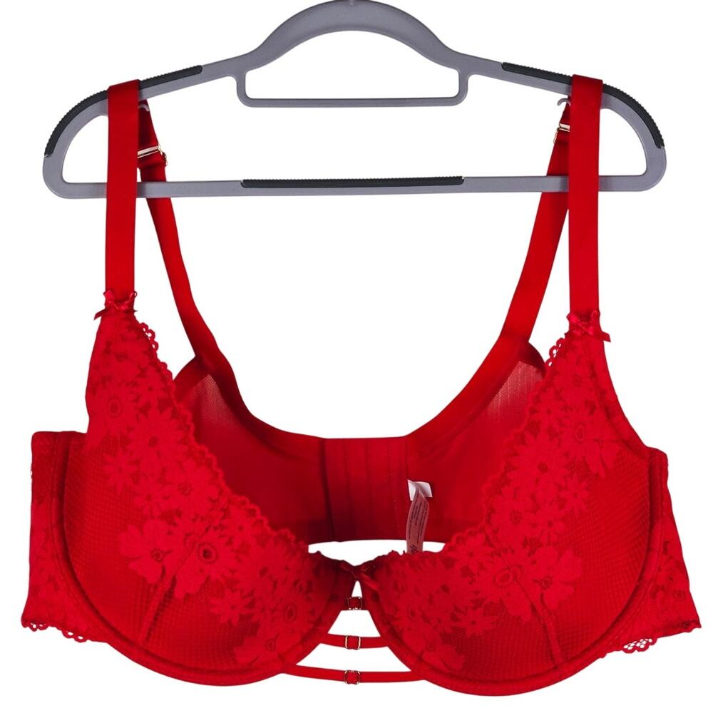 Cacique Lightly Lined Quarter Cup Bold Red Floral Lace Women's Bra 48DDD